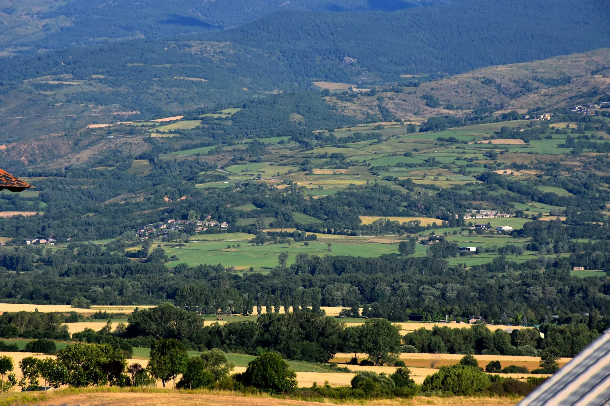 El pla de la Cerdanya vist des d'Urtx a l'estiu: un mosaic de prats verds i camps segats amb masos escampats, i els vessants boscosos que tanquen la vall al fons.
